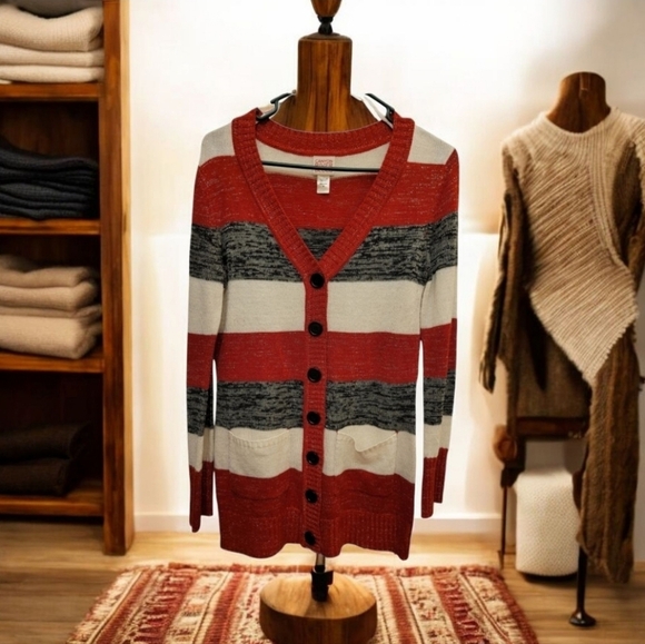 Canyon River Blues Red Black Metallic Button Down Sweater Size Medium - Picture 1 of 11